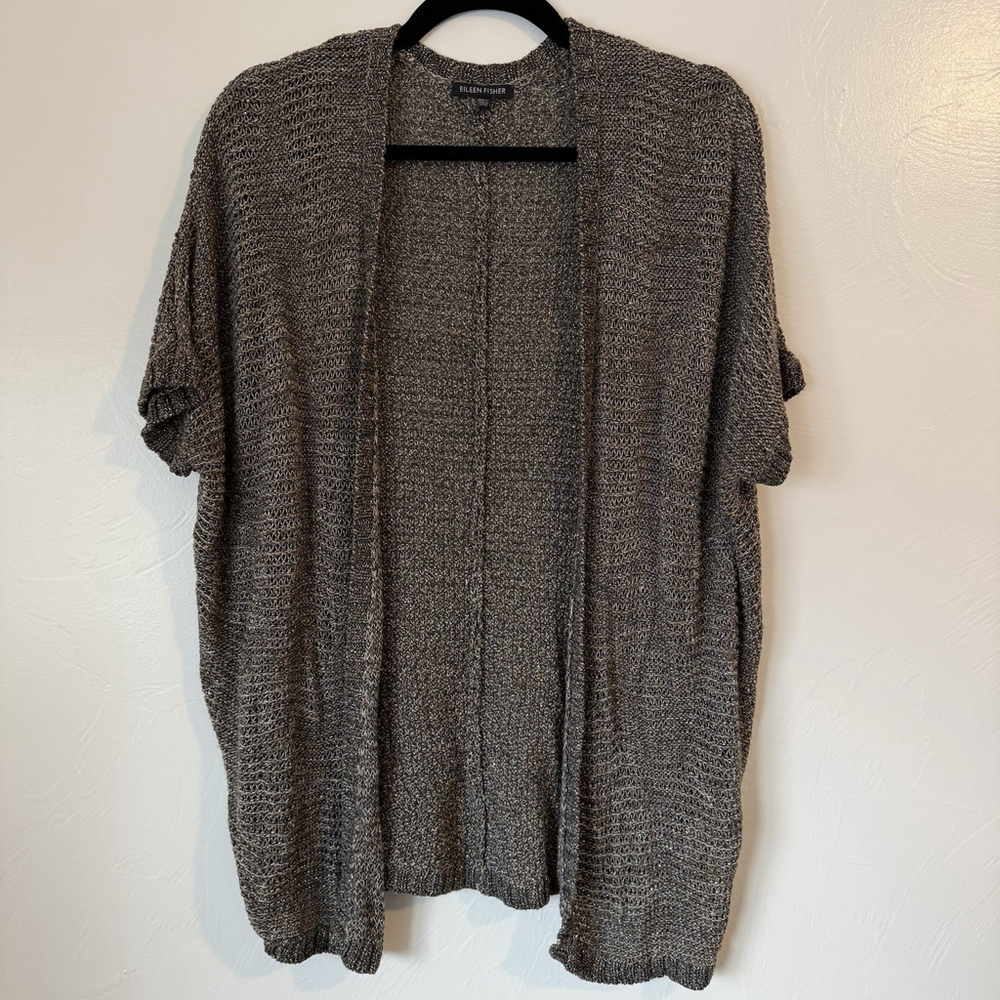 Eileen Fisher Variegated Links Metallic Sparkle Knit Open Front Long Cardigan SM